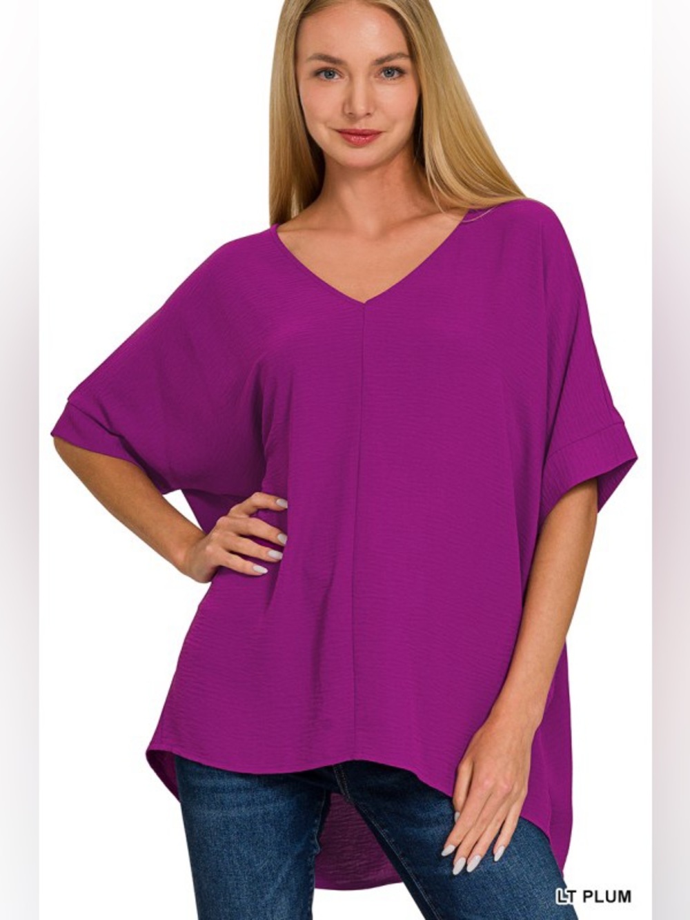 PLUM  WOVEN AIRFLOW V-NECK DOLMAN SHORT SLEEVE TOP